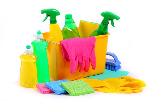 Cleaner using safe procedures and checking the work area for hazards